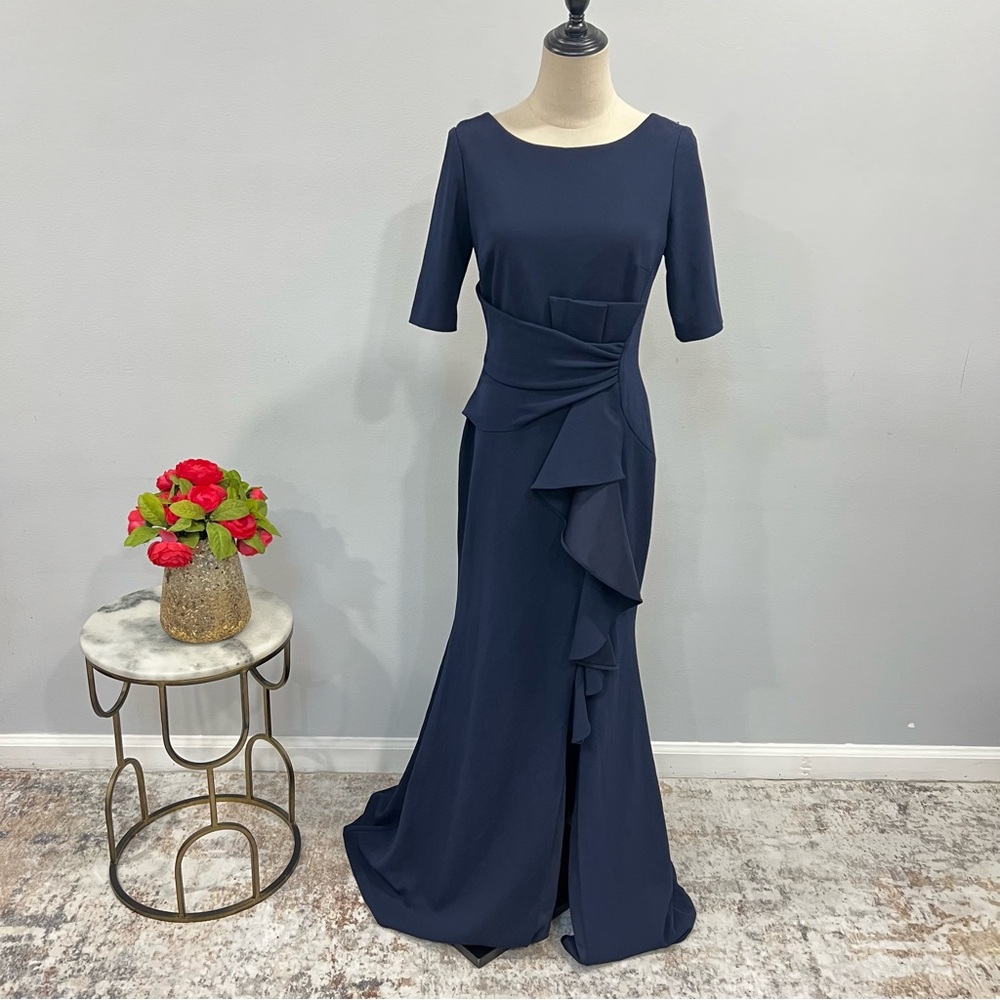 Betsy & Adam Navy Blue 1/2 Sleeve Pleat & Ruffle Detail V Back Maxi Mermaid Gown